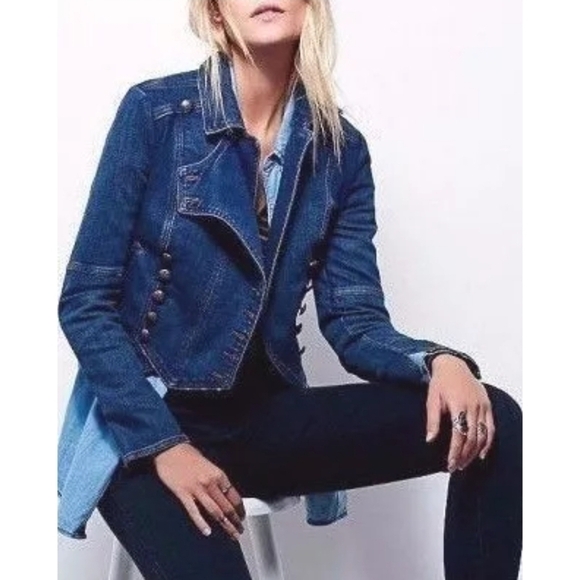 Free People Military Band Denim Jacket in Vintage Blue Moto Jacket Size XS - Picture 3 of 15
